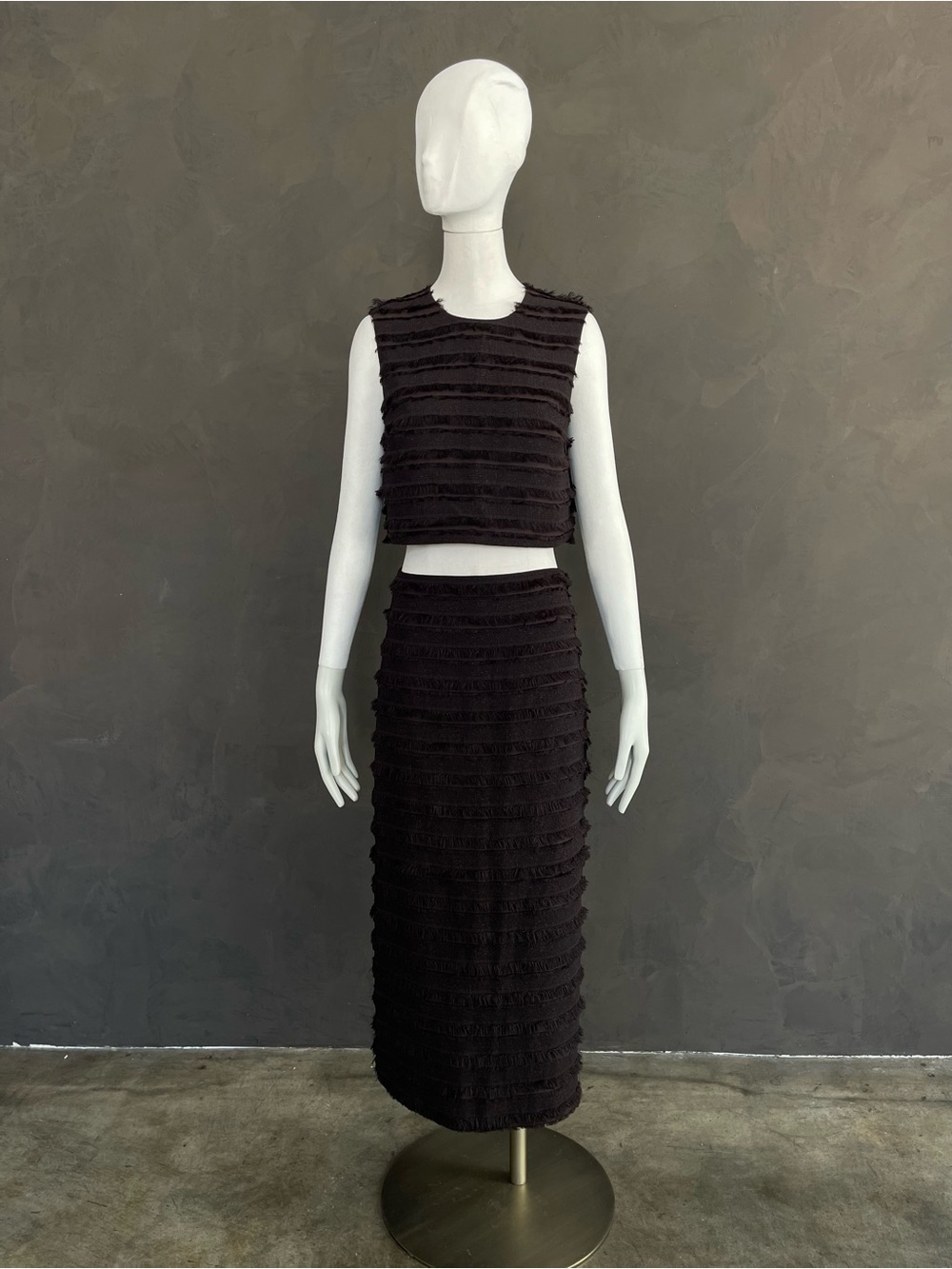 H&M Edition Dark Brown Fringe Crop Top Maxi Skirt Set S 4